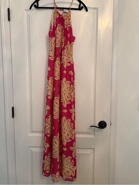 Vineyard Vines Hot Pink Maxi Dress with Gold Floral Motif